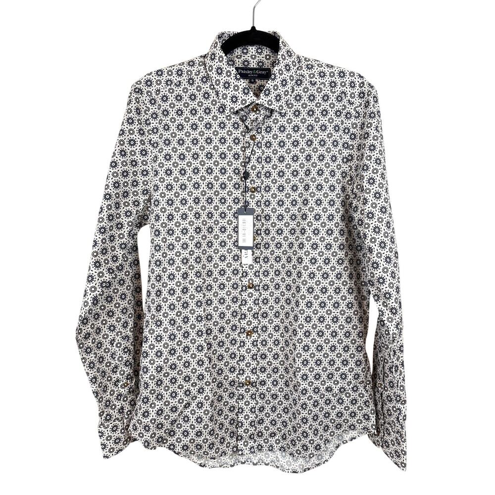 Paisley & Gray Mens M Slim Fit White Multi Button Down Shirt Casual Modern NWT